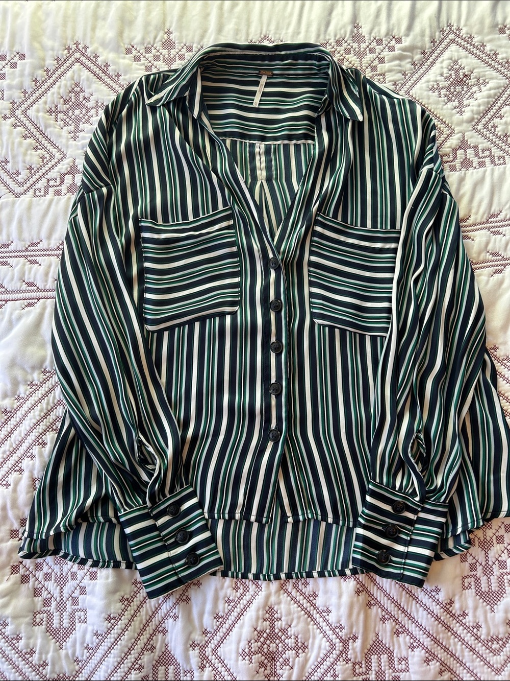 Free People Navy, Green & White Striped Button-Down Shirt